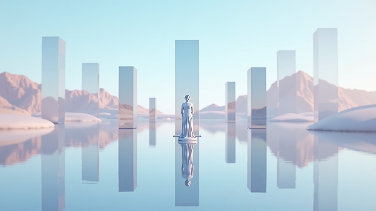 A serene landscape features a central statue standing on a reflective body of water. Surrounding the statue are tall, transparent pillars that rise towards the sky, creating an abstract environment. The setting is bathed in soft, ambient lighting that enhances the tranquil mood. Gentle mountains are visible in the background, adding depth to the scene. The color palette consists of light blues, whites, and soft pinks, contributing to the overall calmness. This digital artwork evokes feelings of peace and contemplation, inviting the viewer to reflect. The combination of elements promotes a sense of modernity and minimalism, making it visually striking yet soothing.