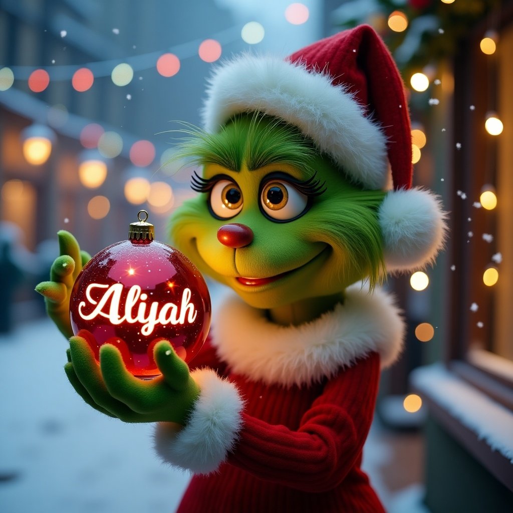 Grinch character in a snowy setting holds a Christmas bauble. Colorful lights decorate the background.