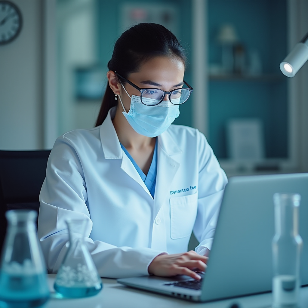 A scientist wearing a lab coat and mask diligently works on a laptop in a laboratory setting.