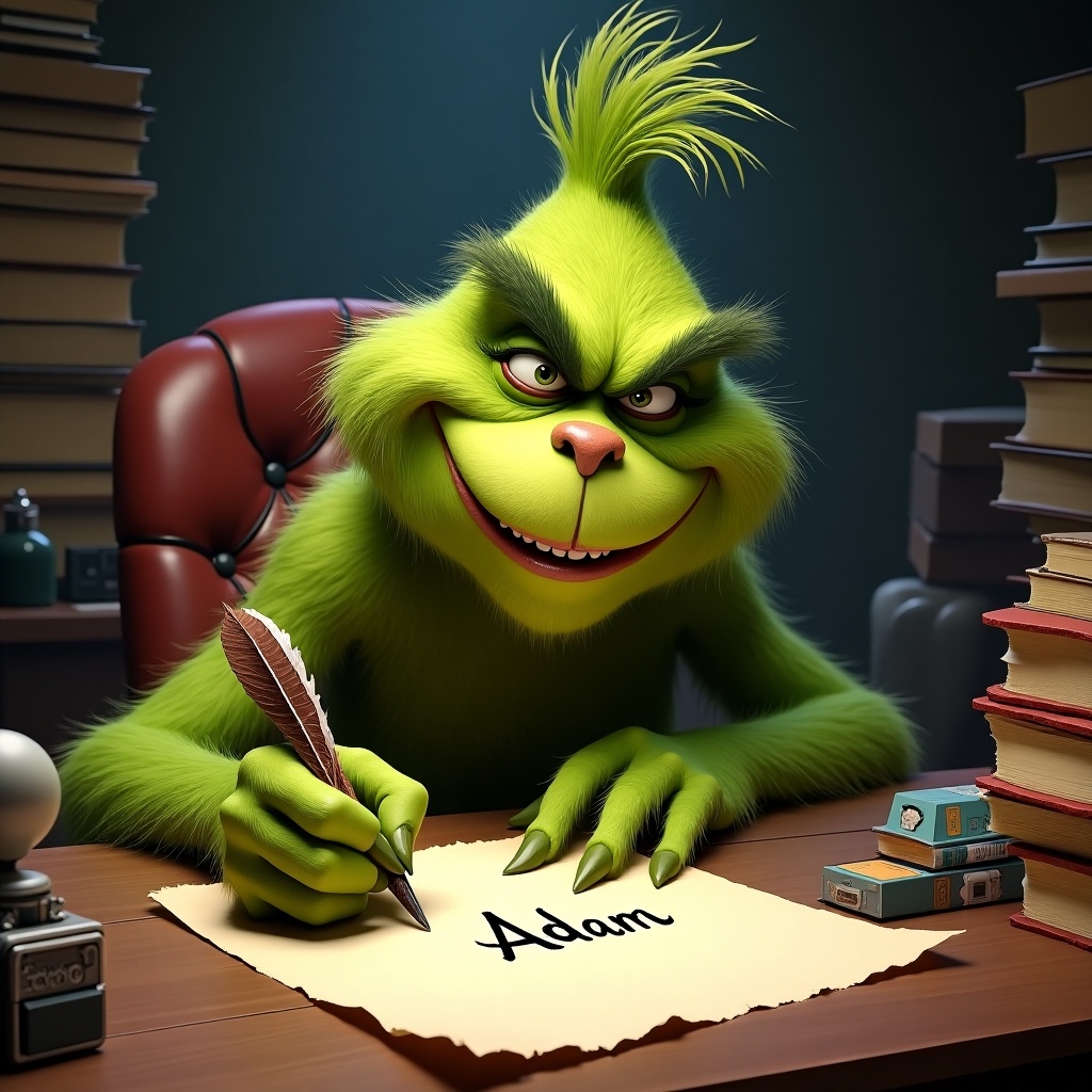 A cartoon character writing the name 'Adam' on a piece of paper. The character has green fur and is sitting at a wooden desk with books and a feather quill.