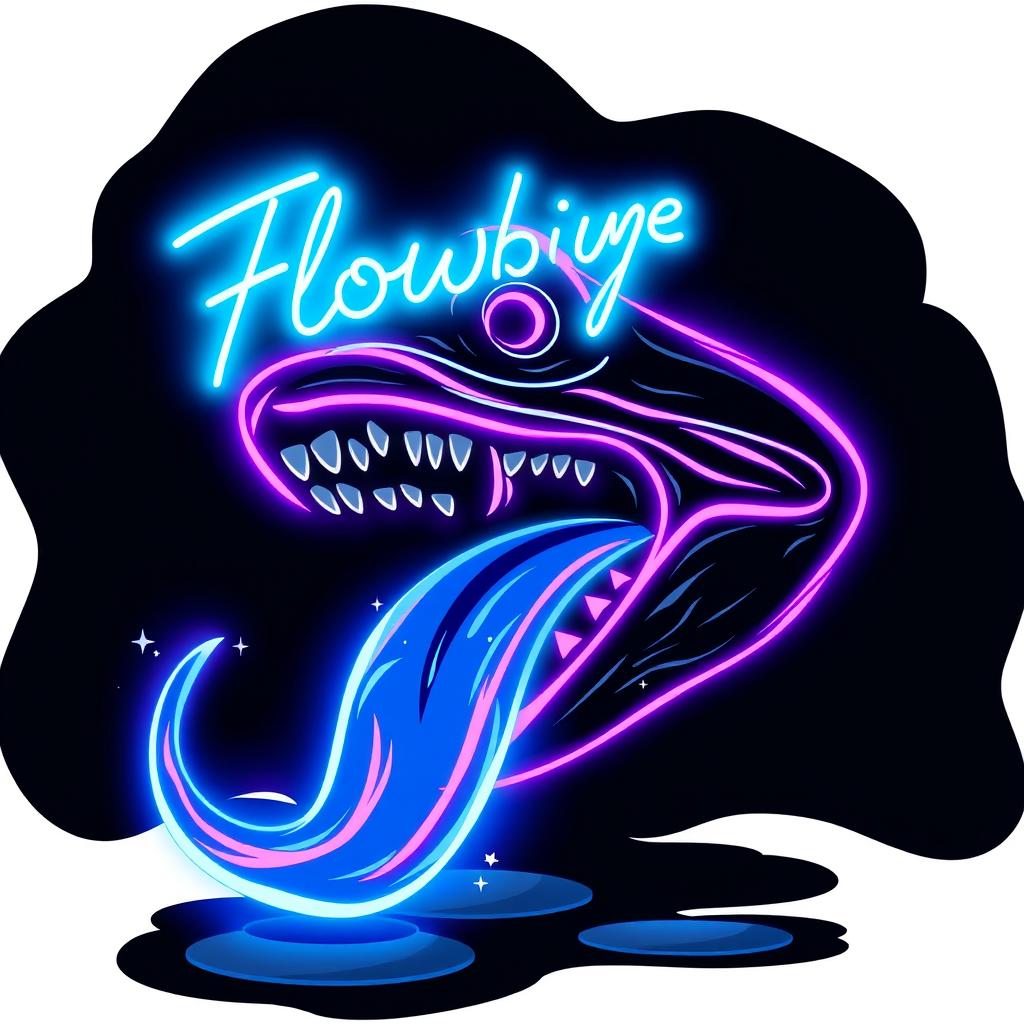 A stylized neon illustration of a snake-like creature with a glowing blue and pink color scheme, featuring sharp teeth and a flowing blue tongue.