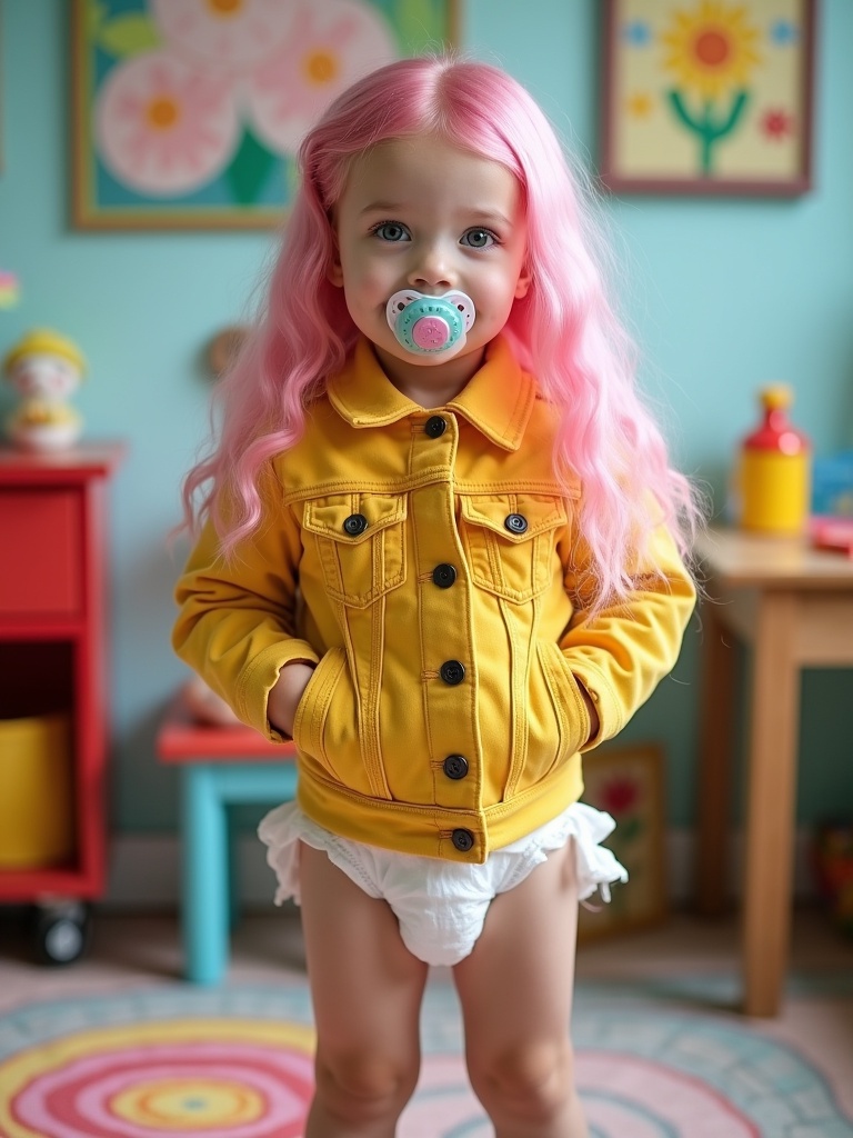 Seven year old girl with long pink hair and emerald green eyes. She wears a vibrant yellow denim jacket over a white diaper. The setting is a colorful kindergarten with playful decorations. She is happily smiling while holding a pacifier.