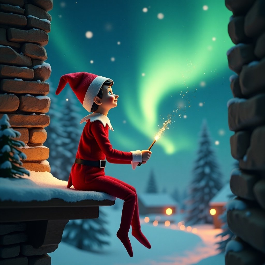 A traditional elf on the shelf, dressed in a bright red outfit, is sitting on a ledge, gazing in awe at the magnificent northern lights illuminating the night sky. The elf holds a sparkling magic wand, with the name 'Payton' being written in the air as twinkling stardust. Snow blankets the ground and the nearby trees, adding to the winter wonderland scene. The atmosphere is enchanting, with a sense of wonder and holiday cheer permeating the air. This magical moment captures the spirit of Christmas at the North Pole.