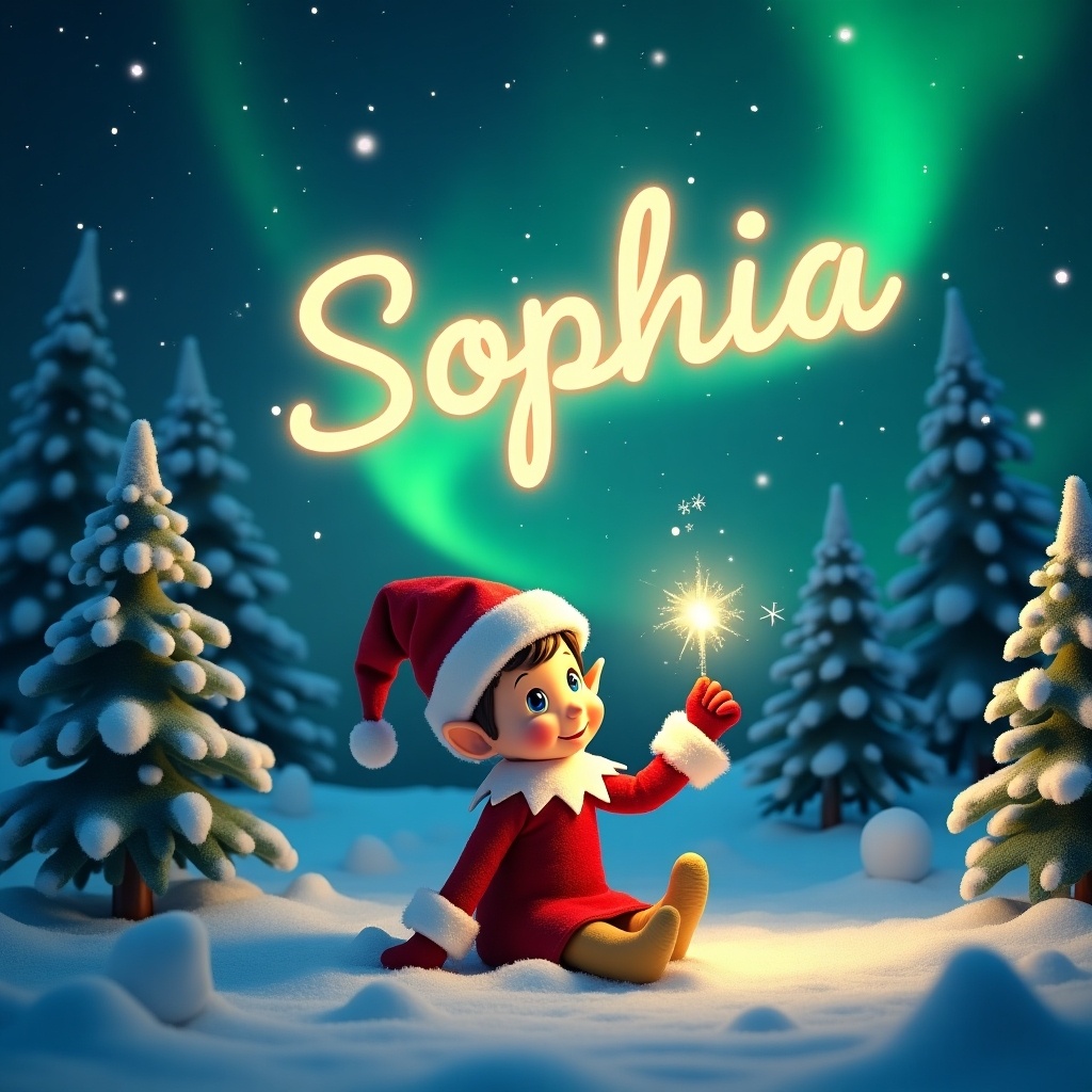 A playful elf on the shelf character is sitting in the snow. The elf wears a festive costume and is writing the name 'Sophia' in the sky with a magical light. The northern lights in vibrant greens illuminate the night sky. Snow-covered pine trees surround the elf, creating a wintry atmosphere. The scene reflects the essence of Christmas and childhood imagination.