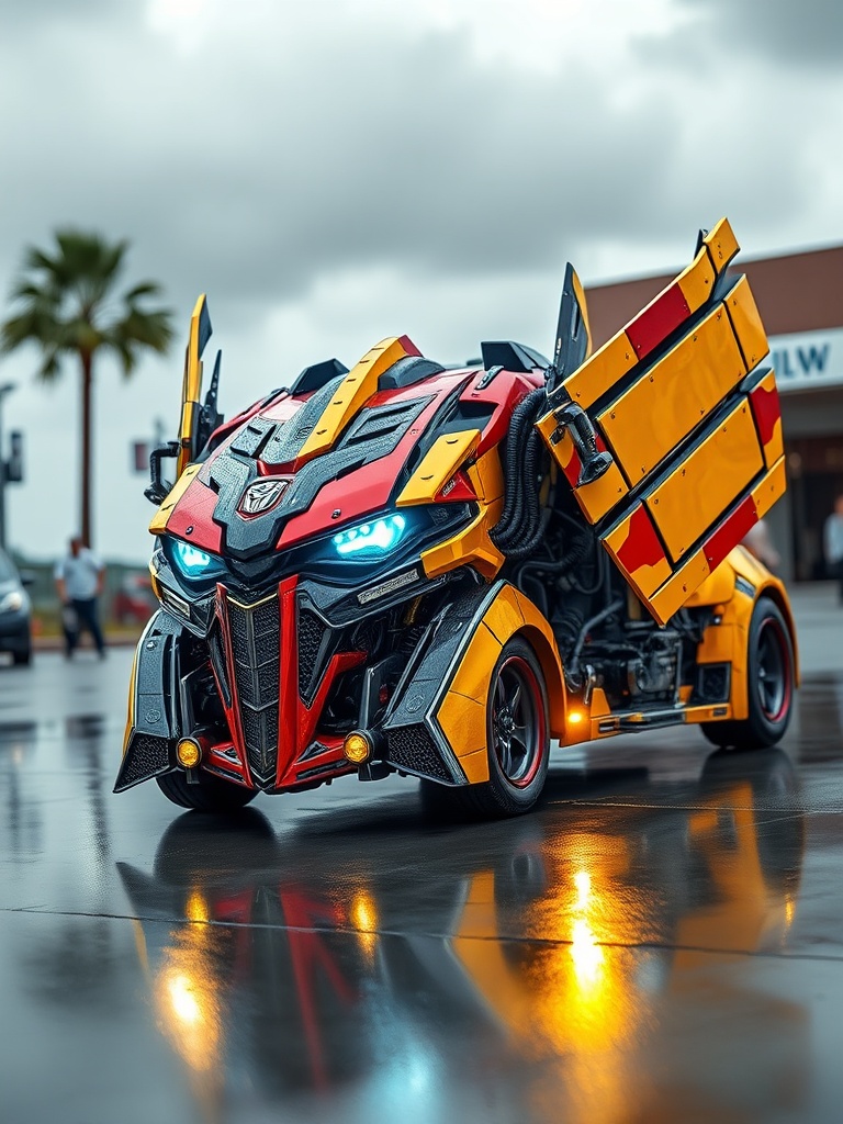 A striking image featuring a transformer-like vehicle with vibrant red and yellow colors parked on a reflective wet pavement. The car showcases complex mechanical details and has its doors open like wings, evoking a sense of motion and dynamism. In the background, a palm tree and other elements are slightly blurred, emphasizing the futuristic design of the main subject.