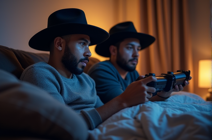 Two men wearing hats are intensely playing video games on a couch in a softly lit room.