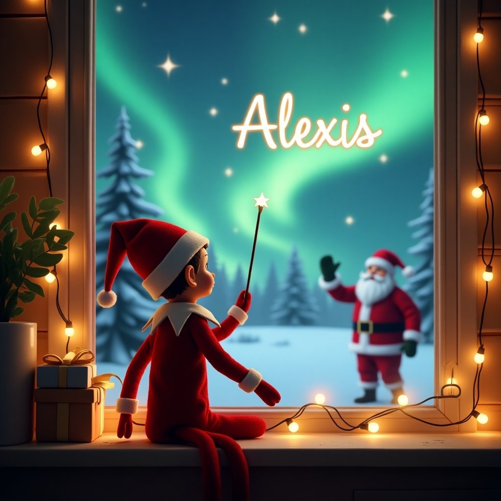 Cozy Christmas scene with an elf on the shelf sitting with back to the viewer. Elf holds a wand writing 'Alexis' in the sky. Magical winter landscape outside the window with northern lights and Santa Claus in the background. Warm lighting from string lights enhances the festive atmosphere. Elf wears a traditional red suit and hat, capturing the spirit of Christmas.