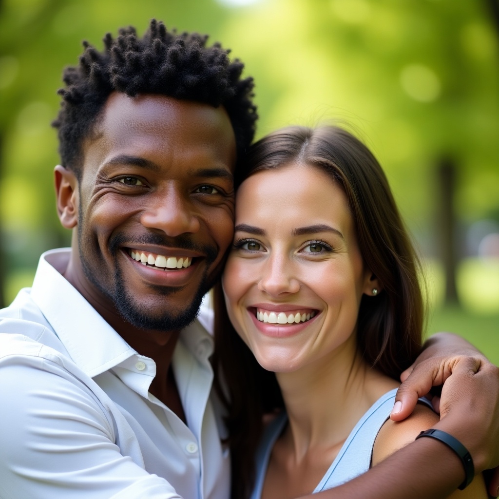 A brown man hugs a white woman. He has dark textured hair. She has braces. They are outdoors with greenery around them.