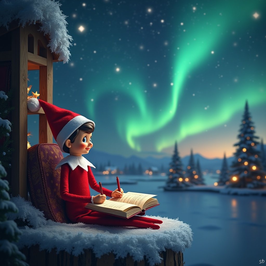 This enchanting image depicts an elf on the shelf, donning a vibrant red outfit with a pointed hat, sitting by a window while writing in a notebook. The background features the breathtaking northern lights illuminating the night sky. Snow-covered trees and a serene lake reflect the holiday spirit. The elf is deeply focused on its writing, creating an atmosphere of imagination and wonder. This scene combines the joy of Christmas with the magic of storytelling, perfect for festive themes.