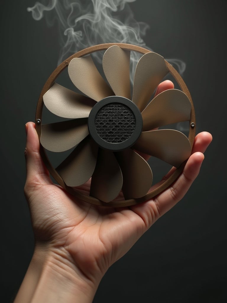 A hand displays a stylish smoked axial fan with swirling smoke surrounding it.