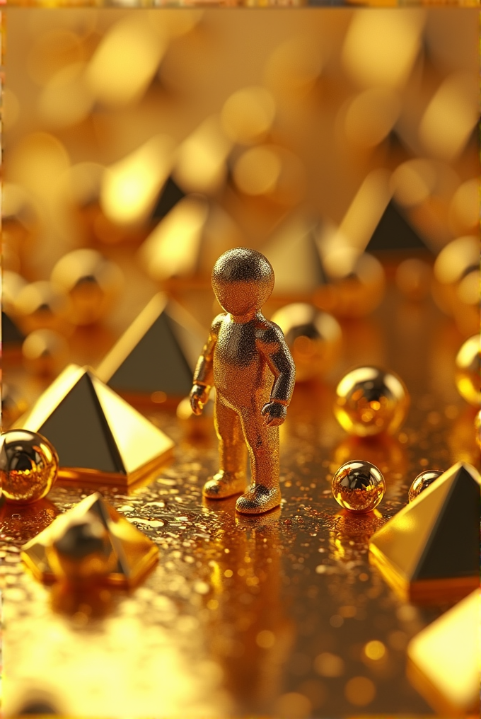 A metallic figure stands amidst a field of gold pyramids and spheres, all bathed in a warm golden hue.