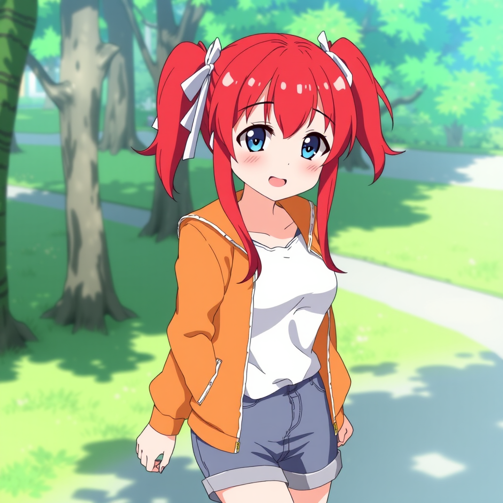 A cheerful anime character with red hair in pigtails walks through a sunlit park, wearing a white t-shirt, orange jacket, and blue shorts.