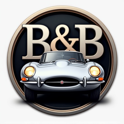 Modern luxurious logo for B&B Automobiles featuring a silver Jaguar E-Type. Black background. Two B letters mirrored opposite each other. Car's headlights illuminated. Sporty depiction. Chrome letters showcase elegance.