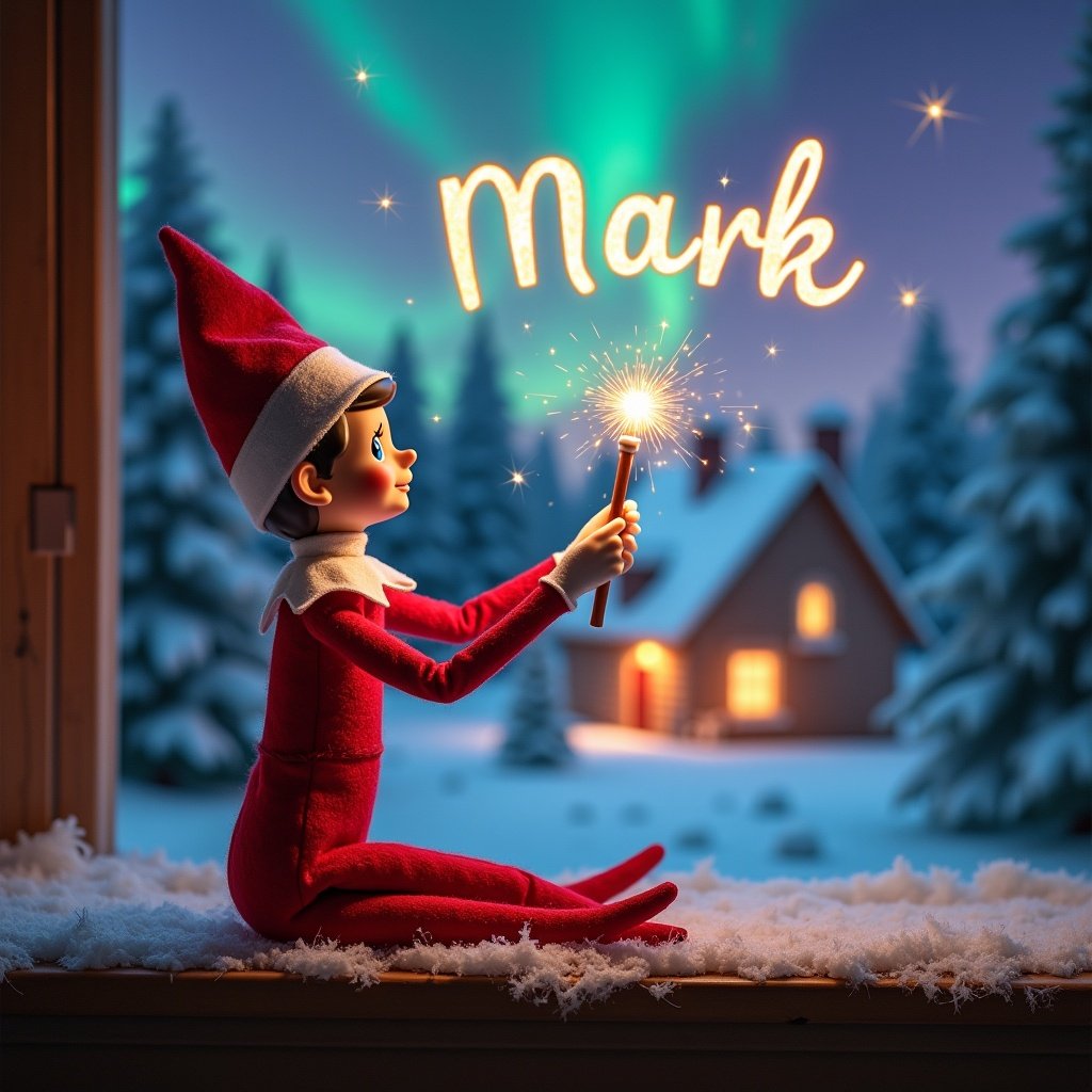 Elf on the shelf sits with back to viewer. Gazes skyward. Holds glowing wand emitting sparkling light. Background shows charming Christmas scene. Colorful northern lights swirl above. Cozy house decorated for holidays in distance. Snow covers ground. Elf embodies spirit of magic. Name 'Mark' written in air with wand.