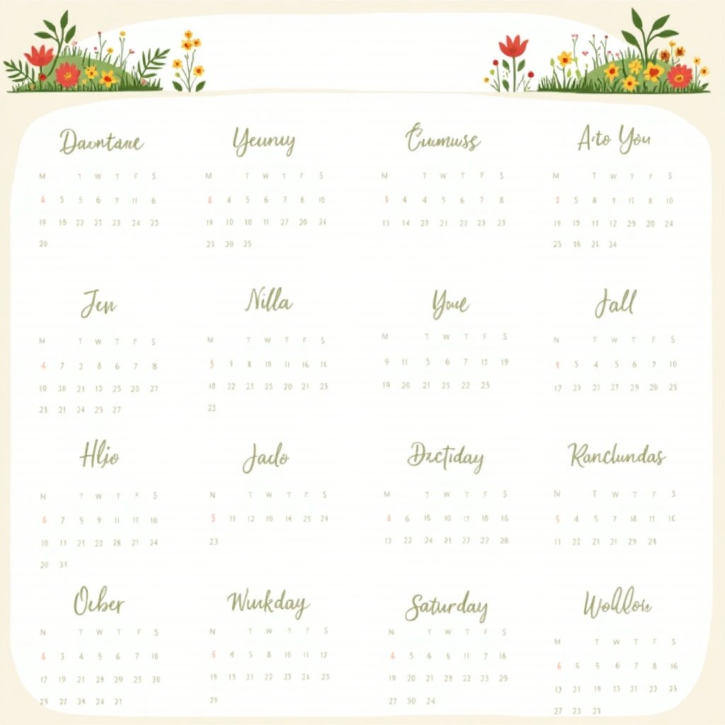 This image features a decorative calendar layout with floral elements. The calendar is organized in a grid format, showcasing various month names in an elegant font. The whimsical design includes vibrant flowers at the top and bottom, adding a cheerful touch. Each month is laid out clearly, making it easy to read. This calendar would be suitable for personal use or to enhance home decor.