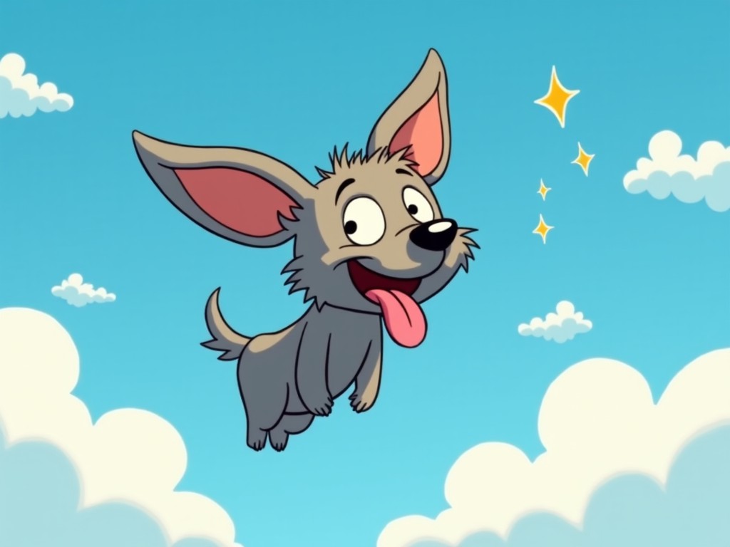 A cartoon dog flying in the sky with large ears and a playful expression, surrounded by fluffy clouds and shiny stars.