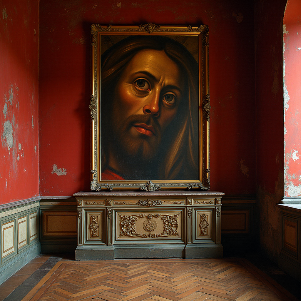 A grand portrait in a vintage frame adorns the wall of an opulently textured room with rich red walls and intricate wooden paneling.