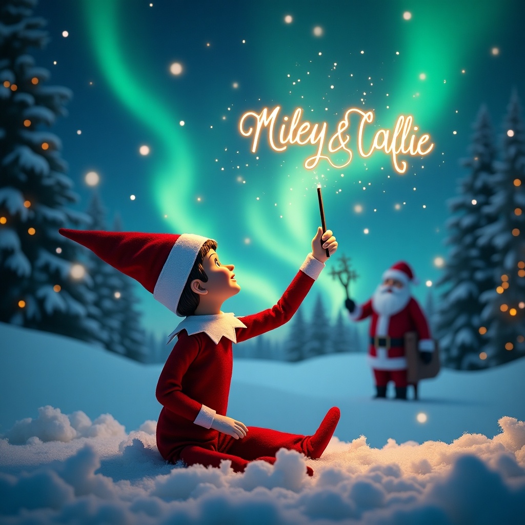 An enchanting Christmas scene features an elf on the shelf. The elf sits with its back to the viewer, gazing up at the night sky. Using a wand, it writes 'Miley' and 'Callie' in sparkling letters. The background displays stunning northern lights and a distant Santa Claus. The ground is covered in soft, white snow, creating a serene winter wonderland. This magical moment encapsulates the joy and wonder of the holiday season.