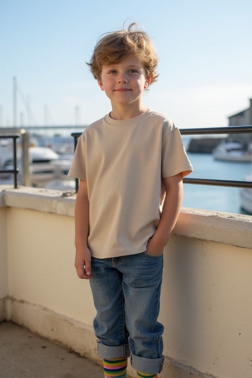 A young boy stands on a balcony. He wears a large natural-colored T-shirt and blue jeans. Colorful ankle socks are on his feet. His light brown hair is tousled. The background shows a sunny harbor in Normandy. The atmosphere is peaceful.