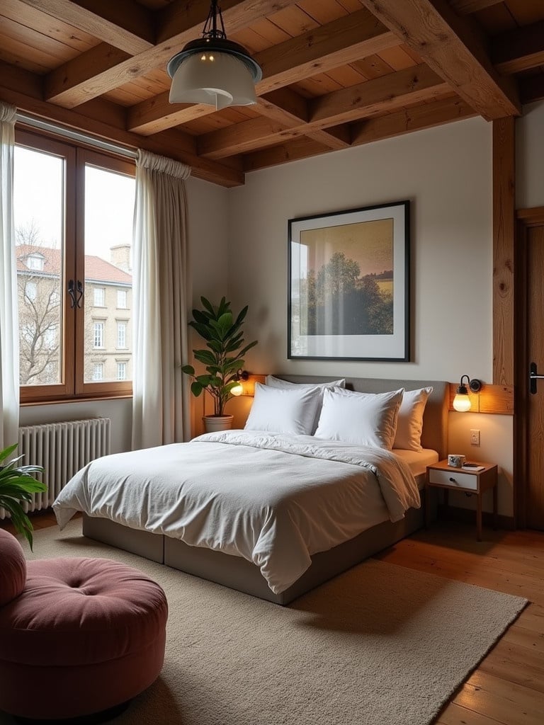 Interior of a cozy bedroom. Bed with white linens placed against a wall. A large window allows natural light to enter. Lightwood ceiling beams are visible. A pink ottoman is positioned near the bed. There is a green plant in the corner. Wall art hangs above the bed. Warm lamps provide additional lighting.