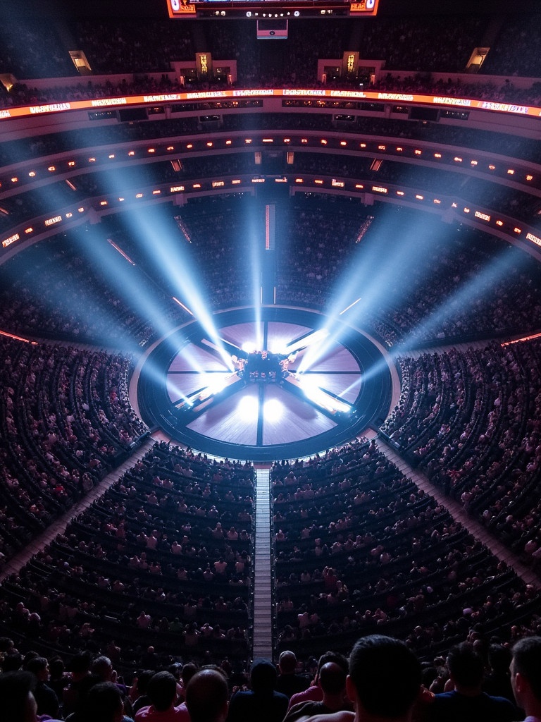 A drone view captures Travis Scott performing at Madison Square Garden. Concert stage features an illuminated circular design with surrounding audience. Dynamic lights enhance the atmosphere. The image showcases the energy of a live show from an aerial perspective.