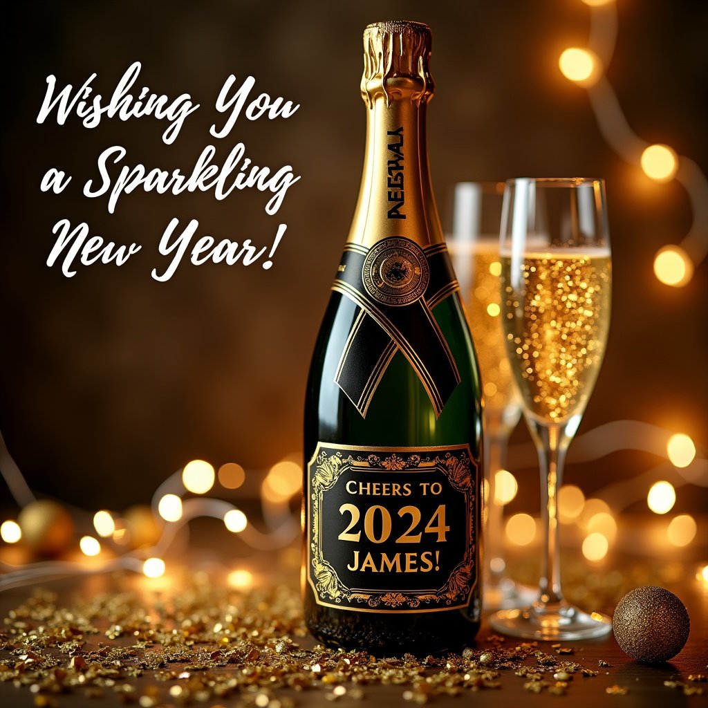 This image features a luxurious New Year’s card design. It showcases a close-up of a champagne bottle prominently labeled 'Cheers to 2024, James!' in elegant gold lettering. Surrounding the bottle are festive elements such as golden confetti and party streamers. Clinking champagne glasses are also included, adding to the celebratory atmosphere. The warm glow of soft fairy lights creates an inviting background. Above all this, the phrase 'Wishing You a Sparkling New Year!' is beautifully scripted.