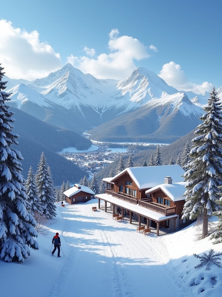 Winter image of Bansko ski resort. Showcase scenic mountains covered in snow. Highlight a ski track leading to a charming wooden lodge. Add skiers enjoying the snowy landscape.