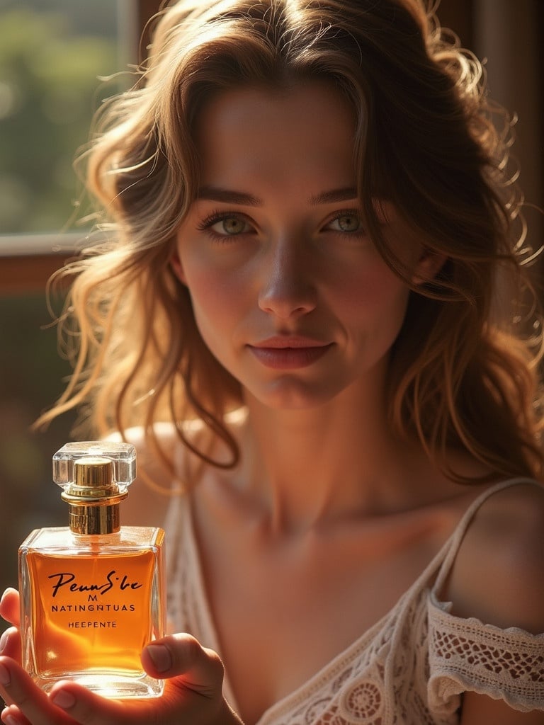 A person holding a luxury perfume bottle in soft natural light. The focus is on the elegant perfume bottle with warm colors. The background is softly blurred, creating a serene atmosphere.