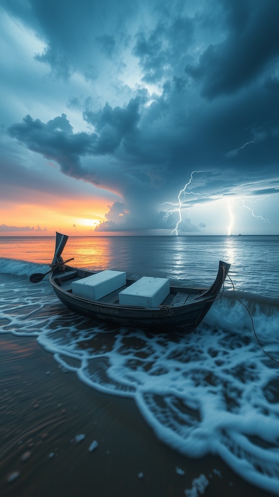 This captivating image captures a wooden boat resting on the shore as a storm brews in the background. Lightning dramatically illuminates the dark clouds, contrasting with the vivid orange and blue hues of the sunset. The waves gently crash around the boat, adding a dynamic element to the scene.