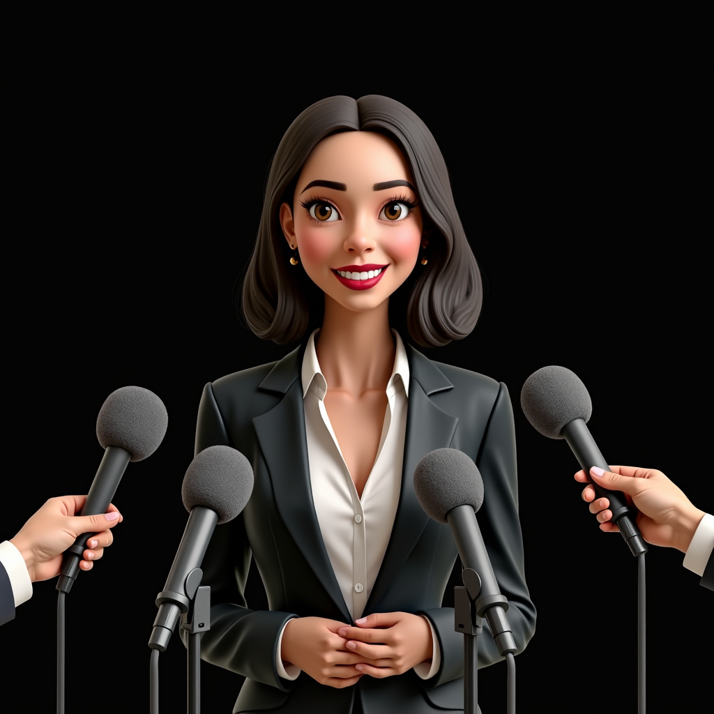 A stylized woman in a business suit is surrounded by microphones, ready to speak at a press conference.