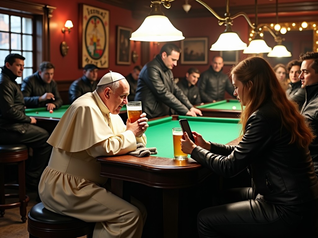 a man dressed as the pope sitting at a pub table with a young woman, holding a beer and checking a smartphone, pool tables in the background