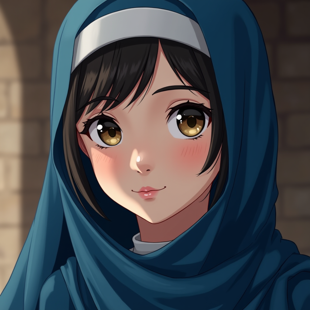 An anime-style character with captivating eyes and a gentle smile, wearing a blue hooded garment, poses against a backdrop of rustic stone walls.