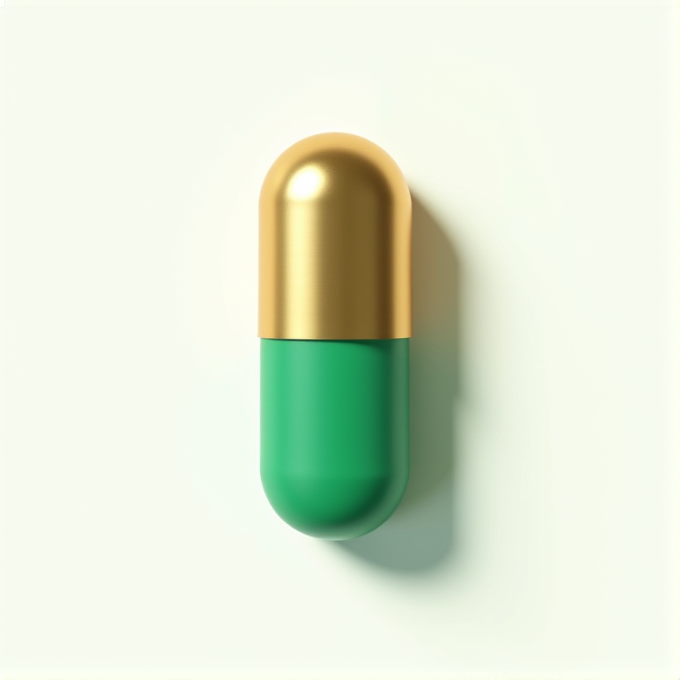 A two-toned capsule with a golden top and green bottom against a minimalist light background.