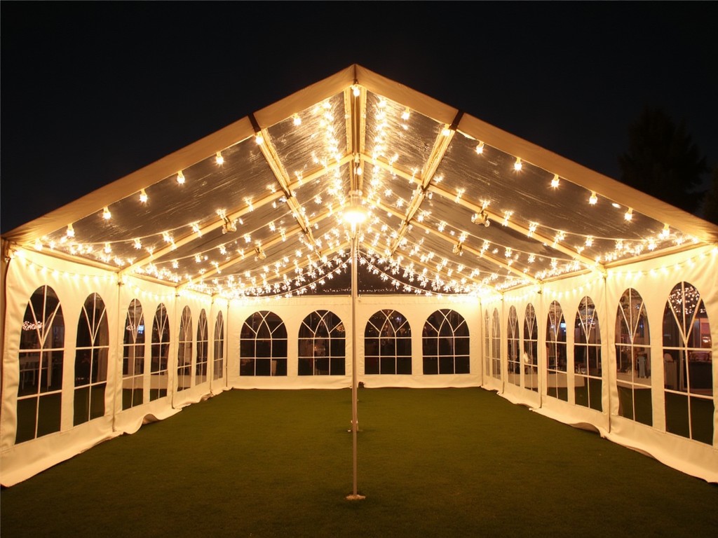 The image depicts a beautifully lit outdoor tent at night. It features a clear top, allowing the glow of string lights to shine through. The interior has a spacious layout with green grass underneath. The lights create a warm and inviting atmosphere, making it ideal for events like weddings or parties. The tent is elegantly designed, showcasing a simple yet charming setup.