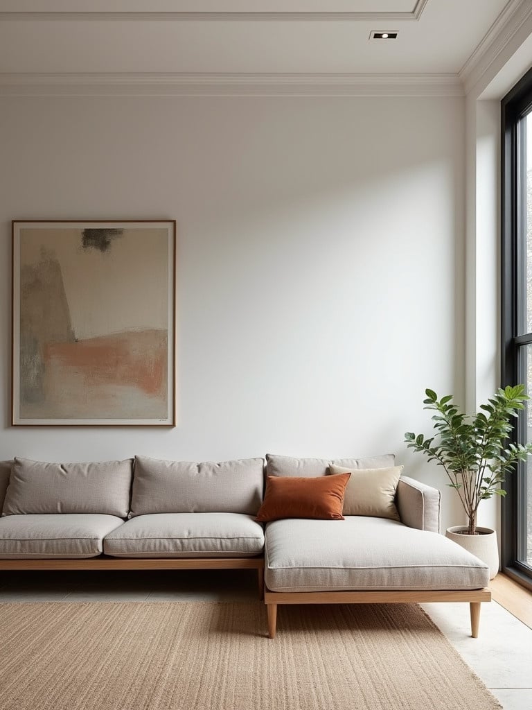 Interior design of a condo living room with a big window. A low Italian sofa in muted tones. Neutral colors enhance the natural light in the space. Elegant crown molding is present. An art piece hangs on the wall. The style is minimalistic, influenced by Japandi and Norm Architects.