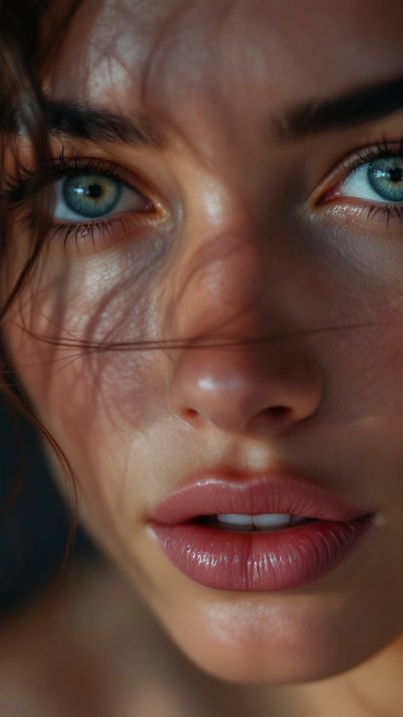 High definition beauty close-up features slight smile. Focus on flawless skin. Image captures photorealism. Cinematic style enhances the allure of the subject. Highest quality and fascinating expression conveyed.