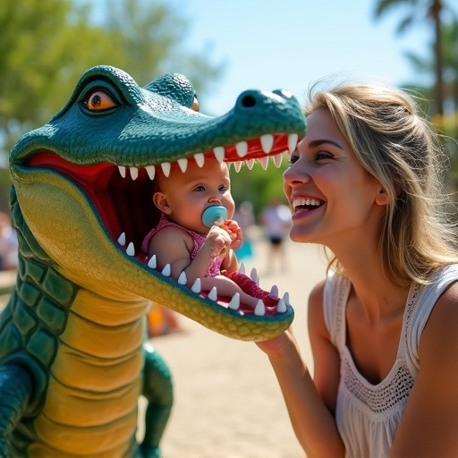 Playful interaction occurs between a mother and her child. A child fits into the open mouth of a lifelike alligator. The child holds a large pacifier. Scene is outdoors in a colorful park setting.