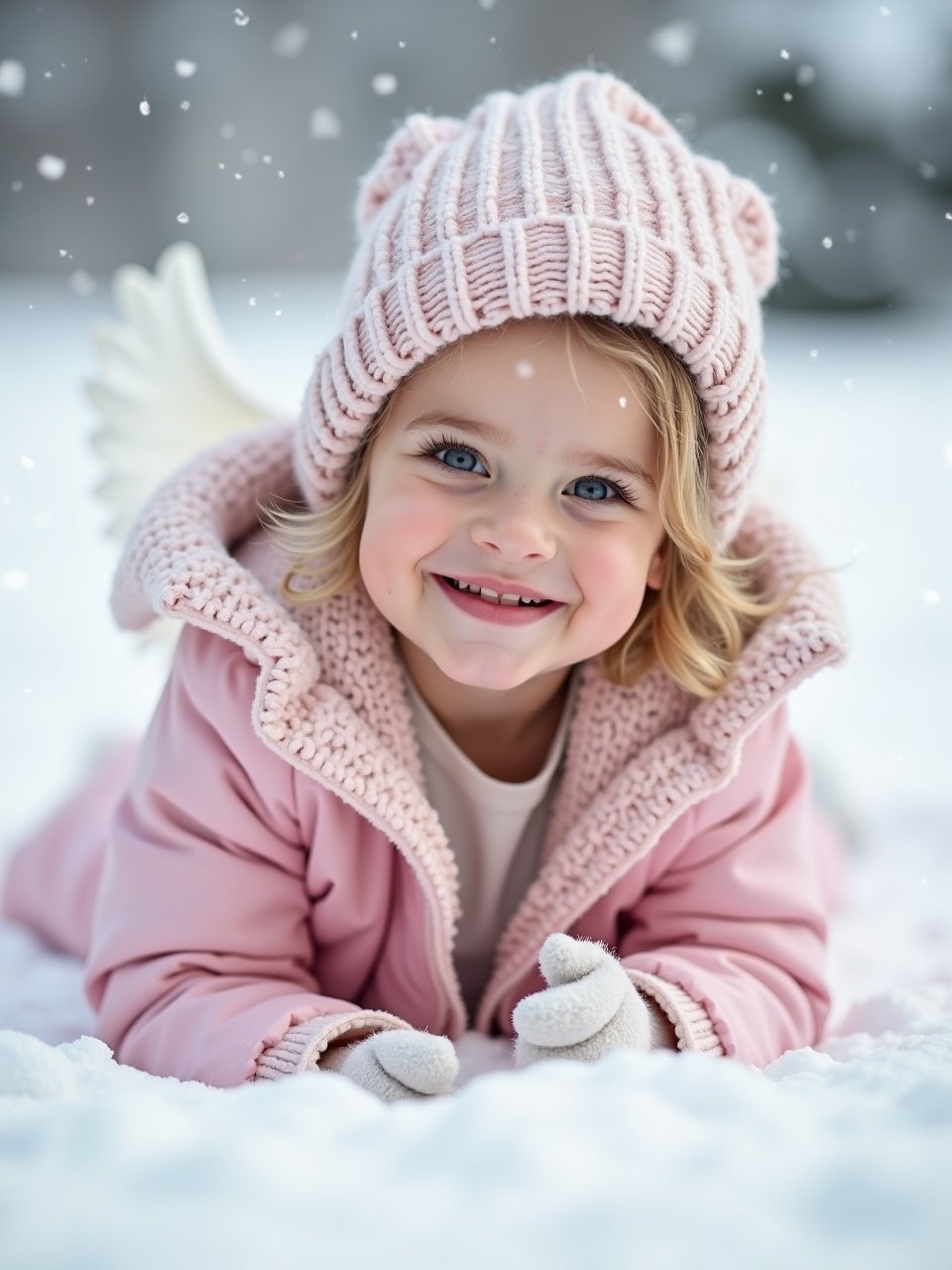 A joyful toddler lays in the snow creating snow angels. The child wears a pink coat and matching knitted hat. Soft snow is falling gently around her. The scene evokes a sense of fun and playfulness common in winter. The background is bright and white. The atmosphere is cheerful and whimsical.