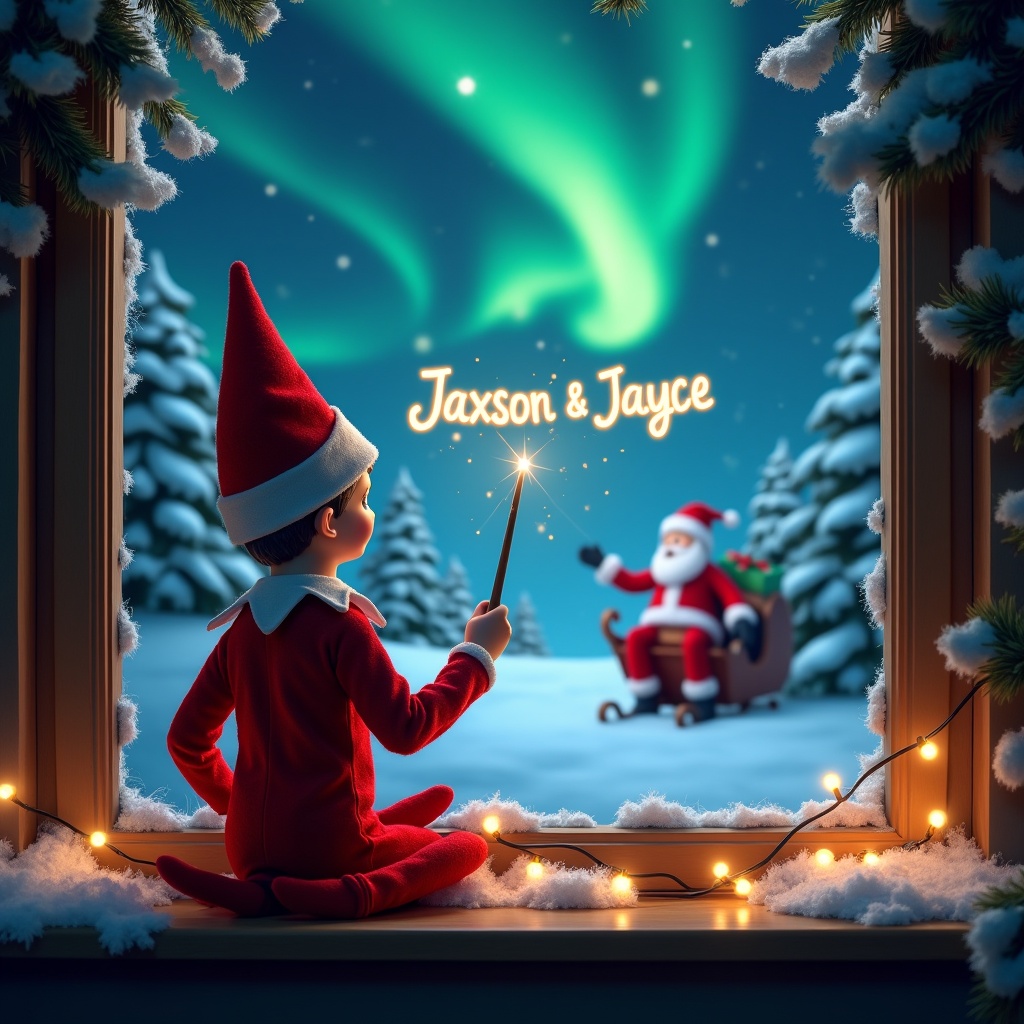 The image depicts an elf on the shelf, seated with his back towards the viewer, gazing up at the night sky. He holds a wand, magically writing the names 'Jaxson & Jayce' in glowing letters. The backdrop is a whimsical Christmas scene featuring vibrant northern lights swirling in the sky. Santa Claus is visible in the distance, bringing festive cheer to the scene. Snow-covered trees frame the window, enhancing the holiday atmosphere. Lights drape over the window sill, adding a cozy touch.