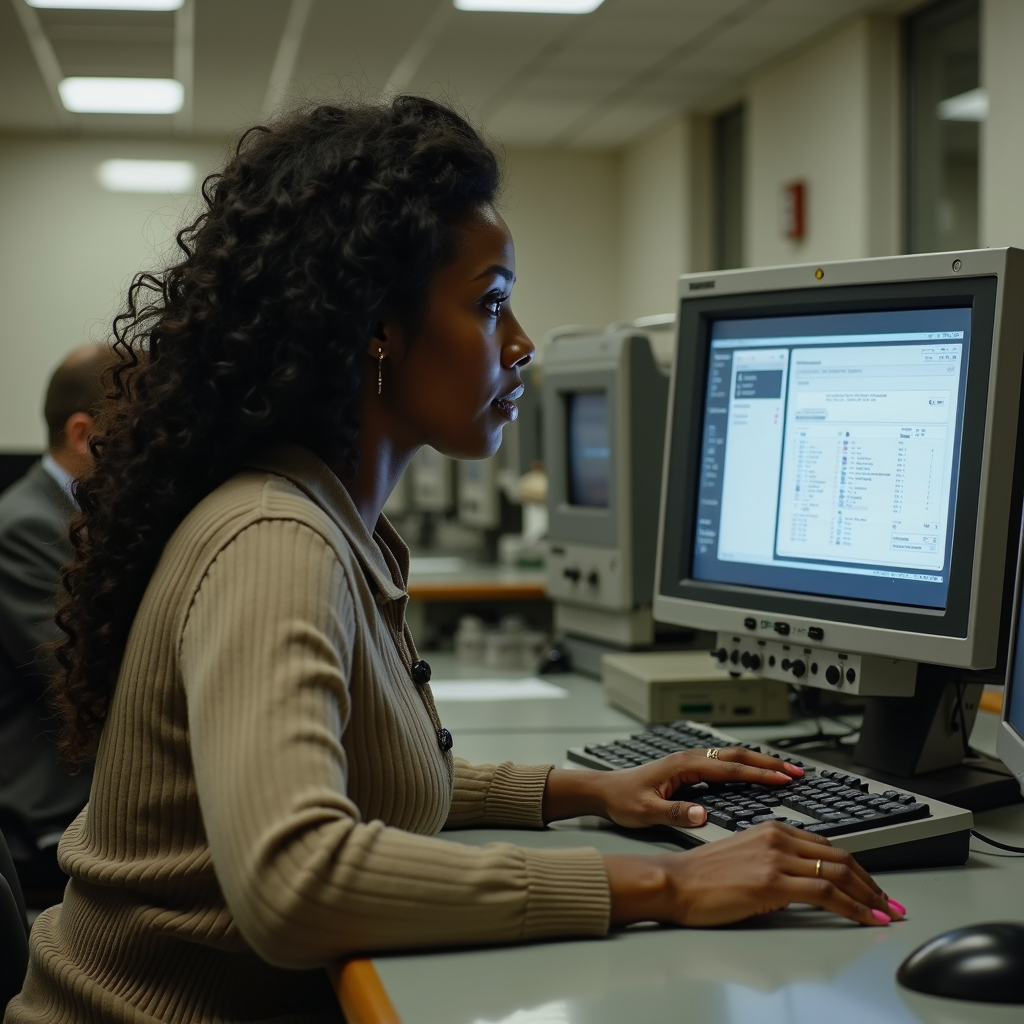 A woman focused on her work at a computer station in an office environment.