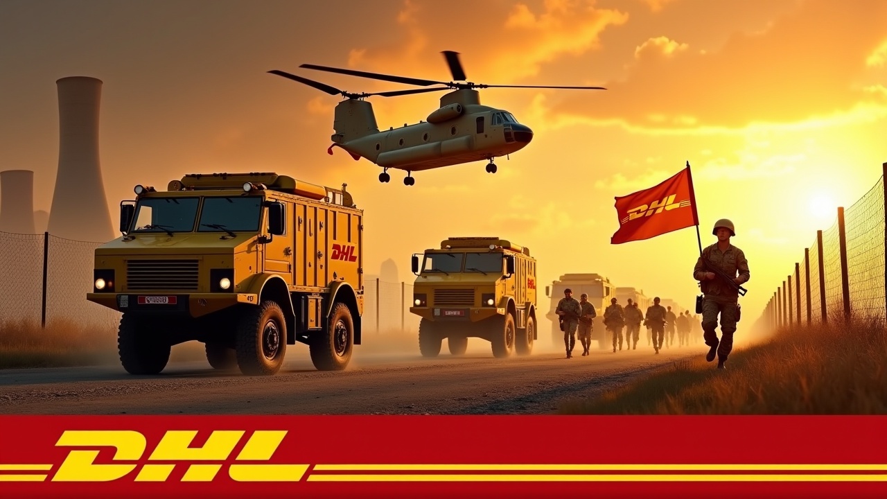 In a dramatic scene, several yellow armoured vehicles drive up to a fence. The armoured vehicles are painted with the DHL logo. Nearby, several soldiers holding rifles are seen marching together in unison. One soldier stands valiantly holding a flag with the DHL logo. In the background, we can see a nuclear power plant. The sky is illuminated by the fiery sun, and a large Chinook cargo helicopter with the DHL logo flies above, adding to the intensity of the scene. At the bottom, we see the DHL logo, displayed in bold, yellow text.