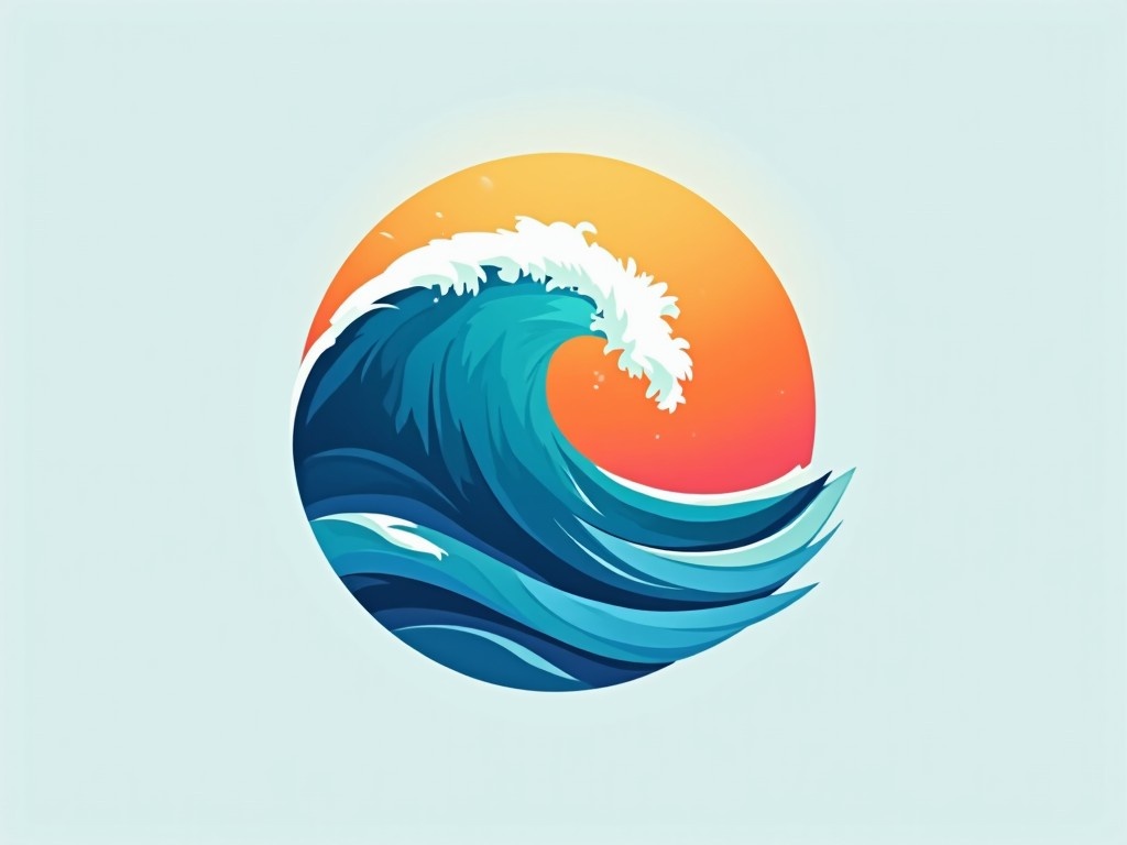 The image is an animated logo featuring a stylized wave. It has a circular design with an orange and yellow gradient background representing a sunset. The wave is a vibrant turquoise color with white highlights at the crest. This design is simple yet eye-catching, making it ideal for branding purposes. It conveys a sense of adventure and oceanic themes, perfect for a surf forecasting app.