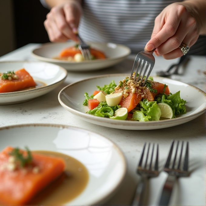 A person is adding ingredients to a plate of salad and salmon on a table set for a meal.