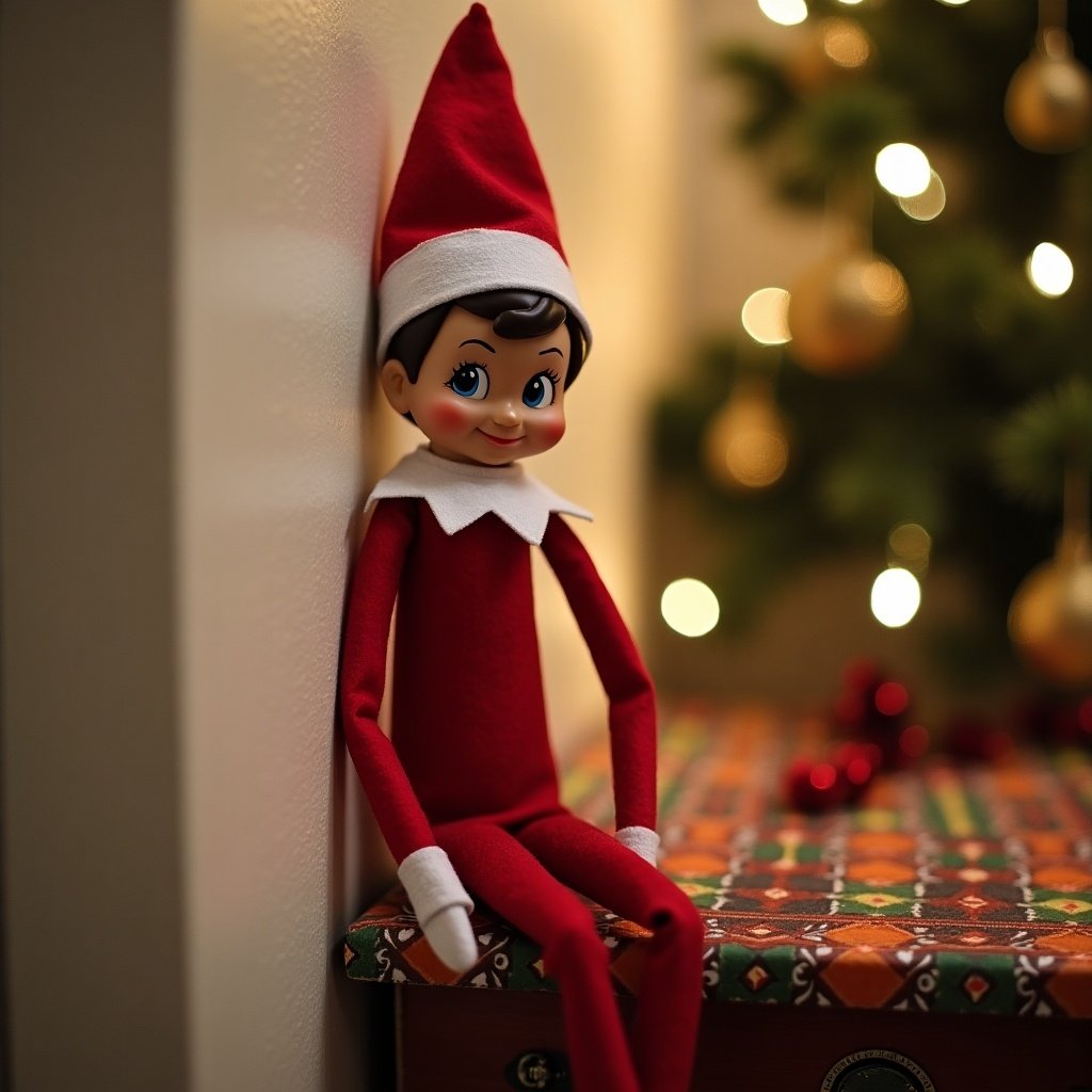 An elf dressed in a red outfit sits on a colorful shelf. A Christmas tree with golden ornaments is in the background. The scene evokes a cheerful holiday atmosphere. Decorative elements enhance the festive feel.