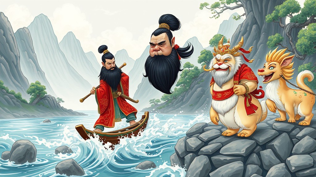 An artistic depiction of mythical figures with a large floating head, a regal lion, and a cheerful creature standing near a flowing river in a mountainous landscape.