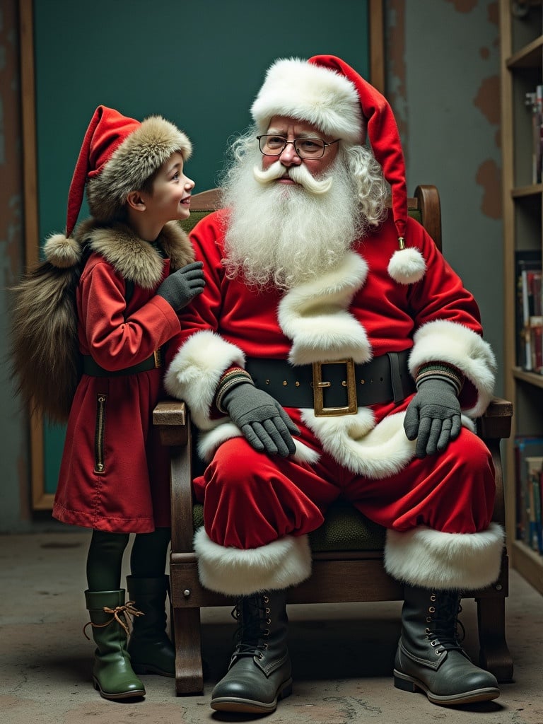 An image featuring a Santa Claus figure seated in a wooden chair with a young child beside him. The child is wearing a red coat and festive hat. The setting suggests a cozy holiday mood.