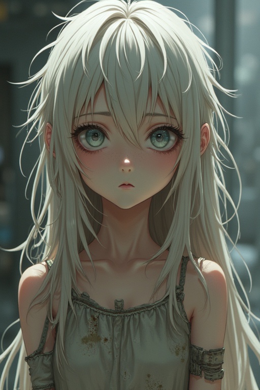 Teenage girl depicted in anime style. Character has 14 to 16 years age range. Features pale skin and long, messy ash-blonde hair. Eyes are large and gray, expressing confusion and fear. Facial features are delicate. Clothing appears tattered and patchwork in color. Posture is slightly slumped, indicating disheveled appearance. Setting is post-apocalyptic with soft lighting. Emphasizes fragility and otherworldliness.