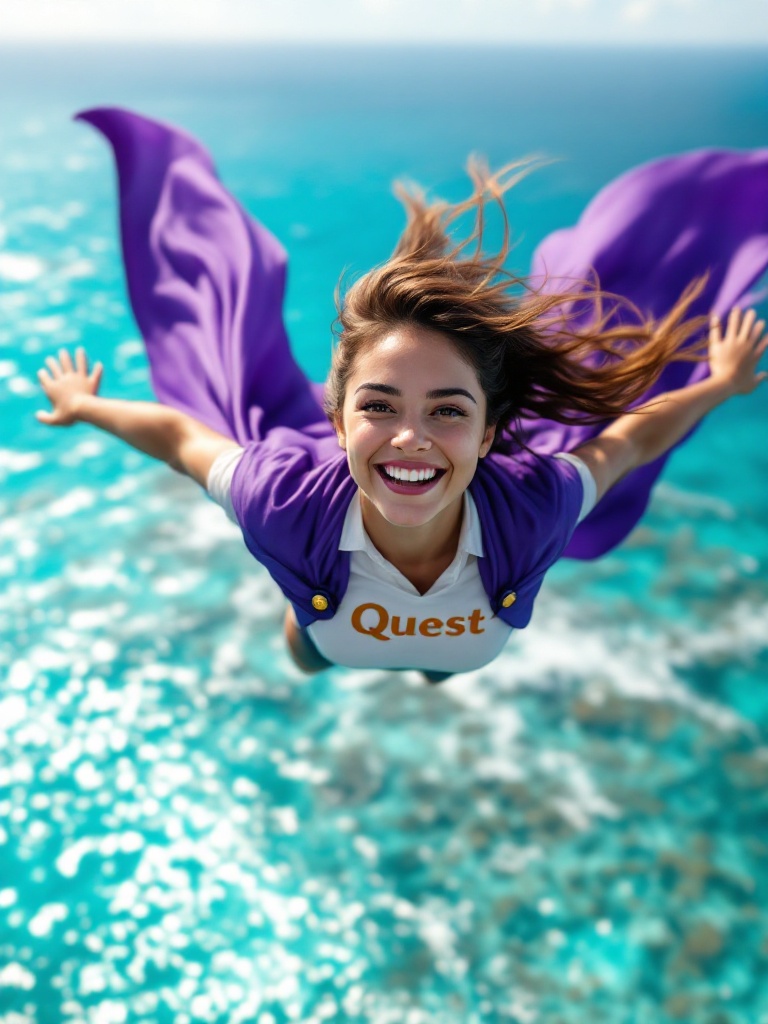 Image depicts a joyful Latin female daycare teacher soaring over the Caribbean Sea. She wears a vibrant purple cape and a white shirt with the word Quest in gold letters. The scene embodies adventure and empowerment. The turquoise waters reflect sunlight under a clear blue sky.