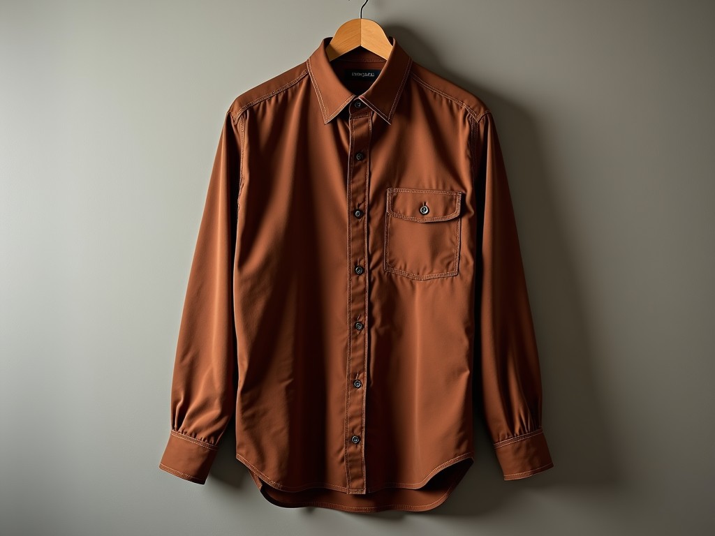 A brown button-up shirt with a single pocket, hanging on a wooden hanger against a neutral background.