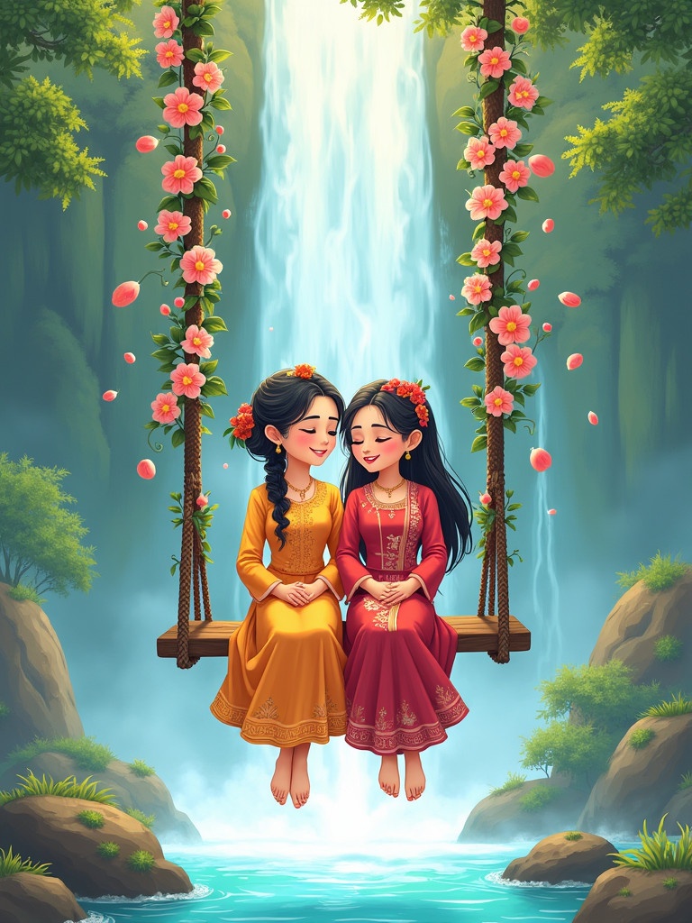 Vibrant illustration featuring two characters on a floral swing. Background of cascading waterfall and lush greenery. Characters dressed in traditional attire with joyful expressions. Natural surroundings depicted with dreamy quality.